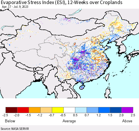 China, Mongolia and Taiwan Evaporative Stress Index (ESI), 12-Weeks over Croplands Thematic Map For 7/3/2023 - 7/9/2023