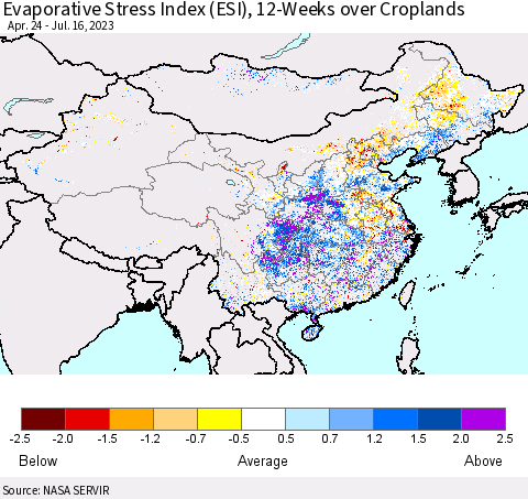 China, Mongolia and Taiwan Evaporative Stress Index (ESI), 12-Weeks over Croplands Thematic Map For 7/10/2023 - 7/16/2023