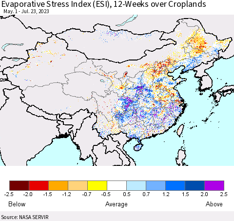 China, Mongolia and Taiwan Evaporative Stress Index (ESI), 12-Weeks over Croplands Thematic Map For 7/17/2023 - 7/23/2023