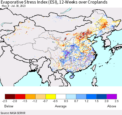 China, Mongolia and Taiwan Evaporative Stress Index (ESI), 12-Weeks over Croplands Thematic Map For 7/24/2023 - 7/30/2023