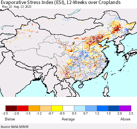 China, Mongolia and Taiwan Evaporative Stress Index (ESI), 12-Weeks over Croplands Thematic Map For 8/7/2023 - 8/13/2023