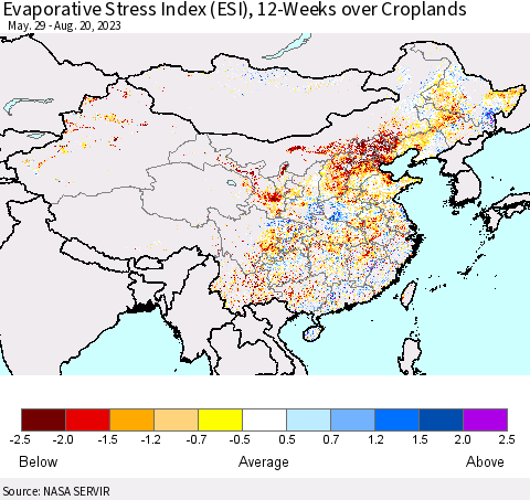 China, Mongolia and Taiwan Evaporative Stress Index (ESI), 12-Weeks over Croplands Thematic Map For 8/14/2023 - 8/20/2023