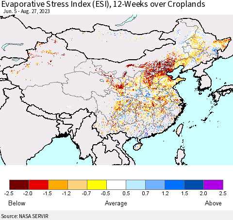 China, Mongolia and Taiwan Evaporative Stress Index (ESI), 12-Weeks over Croplands Thematic Map For 8/21/2023 - 8/27/2023