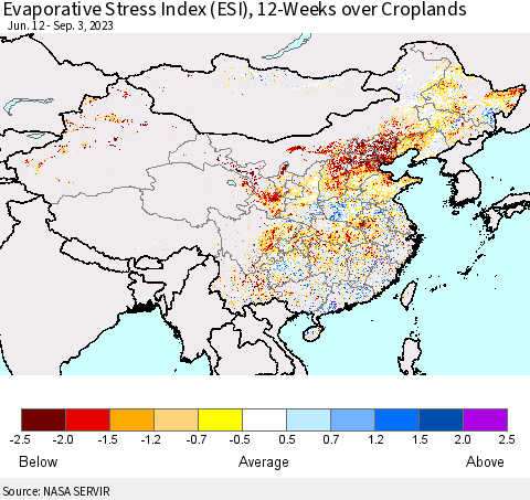 China, Mongolia and Taiwan Evaporative Stress Index (ESI), 12-Weeks over Croplands Thematic Map For 8/28/2023 - 9/3/2023