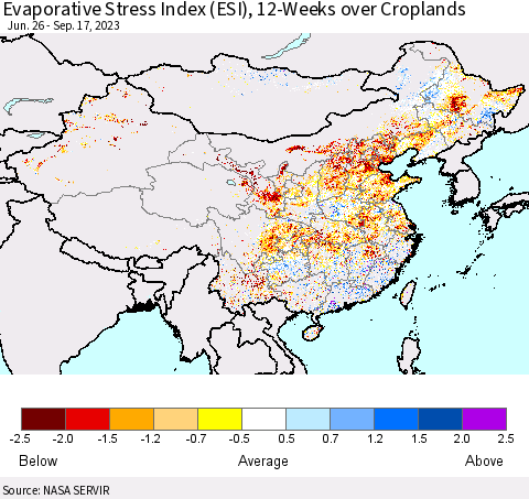 China, Mongolia and Taiwan Evaporative Stress Index (ESI), 12-Weeks over Croplands Thematic Map For 9/11/2023 - 9/17/2023