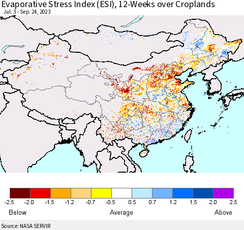 China, Mongolia and Taiwan Evaporative Stress Index (ESI), 12-Weeks over Croplands Thematic Map For 9/18/2023 - 9/24/2023