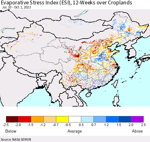China, Mongolia and Taiwan Evaporative Stress Index (ESI), 12-Weeks over Croplands Thematic Map For 9/25/2023 - 10/1/2023
