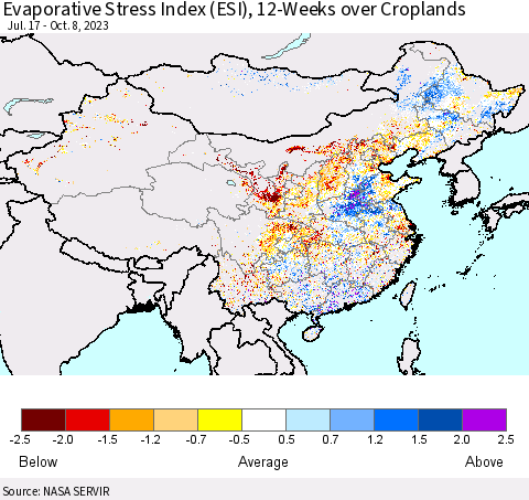 China, Mongolia and Taiwan Evaporative Stress Index (ESI), 12-Weeks over Croplands Thematic Map For 10/2/2023 - 10/8/2023