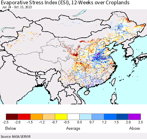 China, Mongolia and Taiwan Evaporative Stress Index (ESI), 12-Weeks over Croplands Thematic Map For 10/9/2023 - 10/15/2023