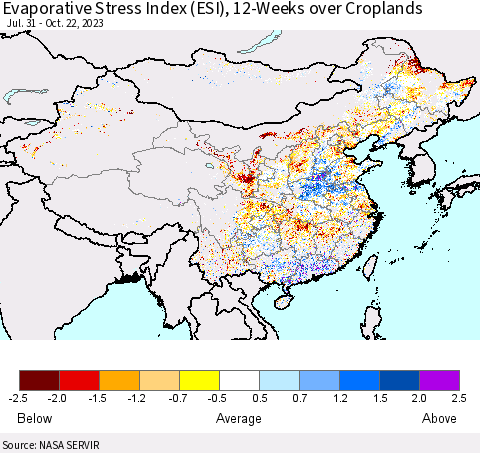 China, Mongolia and Taiwan Evaporative Stress Index (ESI), 12-Weeks over Croplands Thematic Map For 10/16/2023 - 10/22/2023