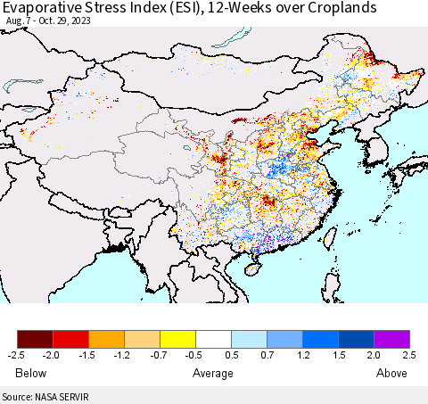 China, Mongolia and Taiwan Evaporative Stress Index (ESI), 12-Weeks over Croplands Thematic Map For 10/23/2023 - 10/29/2023