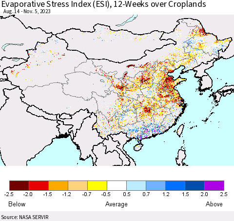 China, Mongolia and Taiwan Evaporative Stress Index (ESI), 12-Weeks over Croplands Thematic Map For 10/30/2023 - 11/5/2023