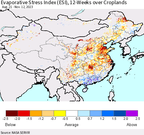 China, Mongolia and Taiwan Evaporative Stress Index (ESI), 12-Weeks over Croplands Thematic Map For 11/6/2023 - 11/12/2023