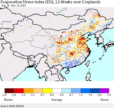 China, Mongolia and Taiwan Evaporative Stress Index (ESI), 12-Weeks over Croplands Thematic Map For 11/13/2023 - 11/19/2023