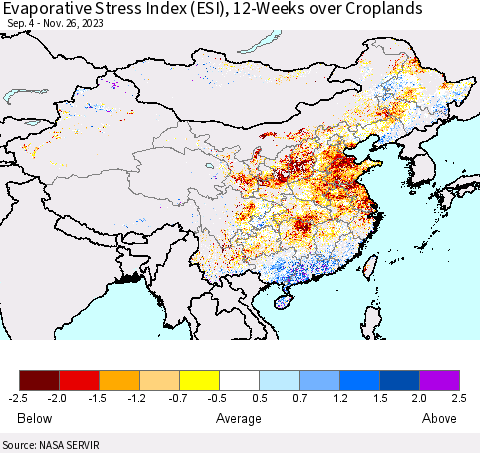 China, Mongolia and Taiwan Evaporative Stress Index (ESI), 12-Weeks over Croplands Thematic Map For 11/20/2023 - 11/26/2023