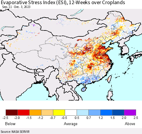 China, Mongolia and Taiwan Evaporative Stress Index (ESI), 12-Weeks over Croplands Thematic Map For 11/27/2023 - 12/3/2023