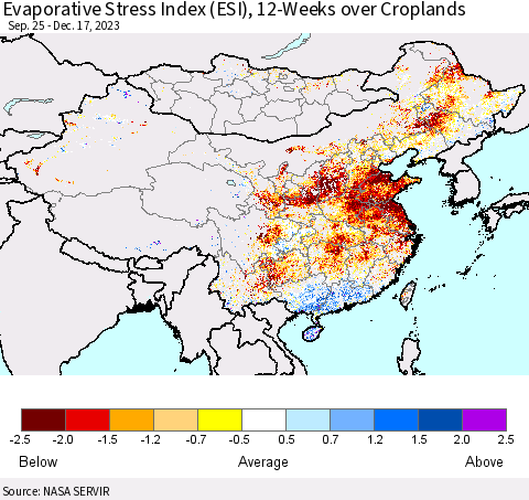 China, Mongolia and Taiwan Evaporative Stress Index (ESI), 12-Weeks over Croplands Thematic Map For 12/11/2023 - 12/17/2023