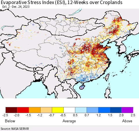 China, Mongolia and Taiwan Evaporative Stress Index (ESI), 12-Weeks over Croplands Thematic Map For 12/18/2023 - 12/24/2023