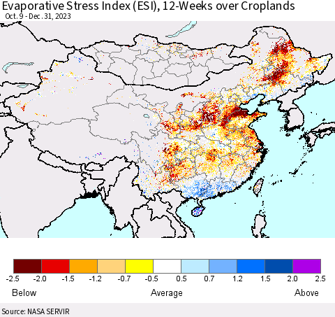 China, Mongolia and Taiwan Evaporative Stress Index (ESI), 12-Weeks over Croplands Thematic Map For 12/25/2023 - 12/31/2023