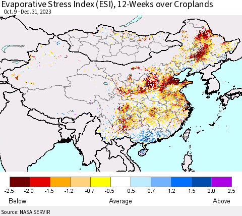 China, Mongolia and Taiwan Evaporative Stress Index (ESI), 12-Weeks over Croplands Thematic Map For 1/1/2024 - 1/7/2024