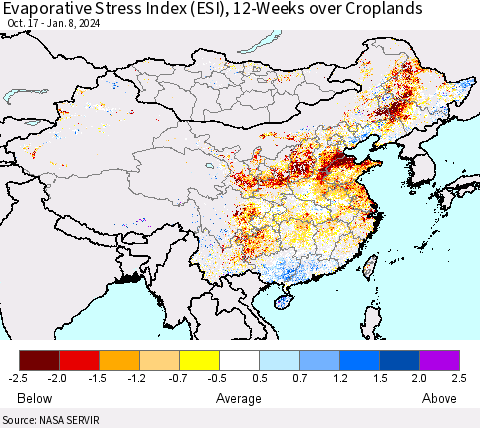 China, Mongolia and Taiwan Evaporative Stress Index (ESI), 12-Weeks over Croplands Thematic Map For 1/8/2024 - 1/14/2024