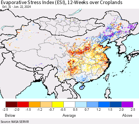 China, Mongolia and Taiwan Evaporative Stress Index (ESI), 12-Weeks over Croplands Thematic Map For 1/22/2024 - 1/28/2024