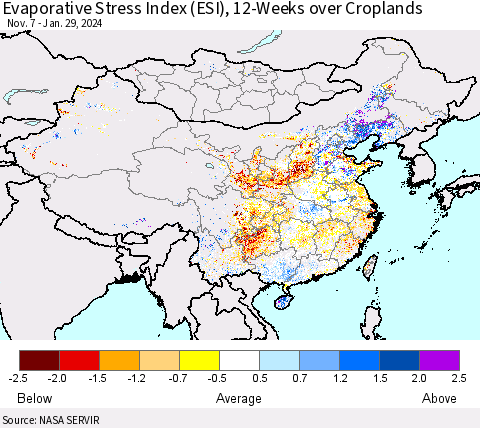 China, Mongolia and Taiwan Evaporative Stress Index (ESI), 12-Weeks over Croplands Thematic Map For 1/29/2024 - 2/4/2024