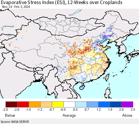 China, Mongolia and Taiwan Evaporative Stress Index (ESI), 12-Weeks over Croplands Thematic Map For 2/5/2024 - 2/11/2024