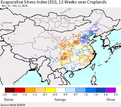 China, Mongolia and Taiwan Evaporative Stress Index (ESI), 12-Weeks over Croplands Thematic Map For 2/12/2024 - 2/18/2024