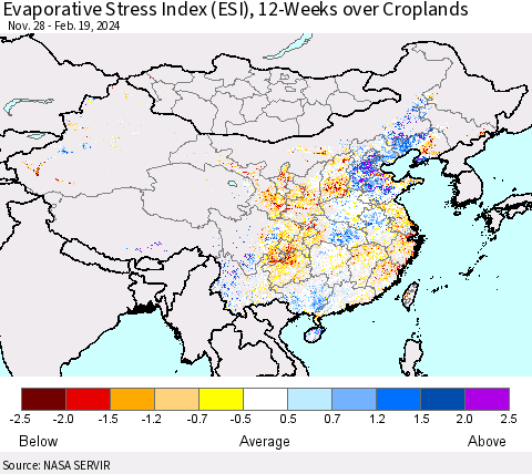 China, Mongolia and Taiwan Evaporative Stress Index (ESI), 12-Weeks over Croplands Thematic Map For 2/19/2024 - 2/25/2024