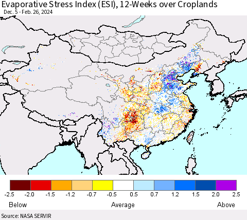 China, Mongolia and Taiwan Evaporative Stress Index (ESI), 12-Weeks over Croplands Thematic Map For 2/26/2024 - 3/3/2024