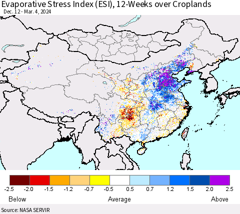 China, Mongolia and Taiwan Evaporative Stress Index (ESI), 12-Weeks over Croplands Thematic Map For 3/4/2024 - 3/10/2024