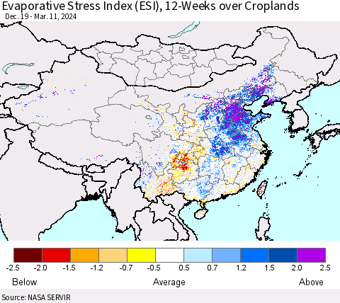 China, Mongolia and Taiwan Evaporative Stress Index (ESI), 12-Weeks over Croplands Thematic Map For 3/11/2024 - 3/17/2024