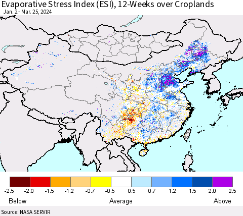 China, Mongolia and Taiwan Evaporative Stress Index (ESI), 12-Weeks over Croplands Thematic Map For 3/25/2024 - 3/31/2024