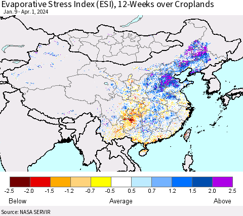 China, Mongolia and Taiwan Evaporative Stress Index (ESI), 12-Weeks over Croplands Thematic Map For 4/1/2024 - 4/7/2024