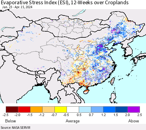 China, Mongolia and Taiwan Evaporative Stress Index (ESI), 12-Weeks over Croplands Thematic Map For 4/15/2024 - 4/21/2024