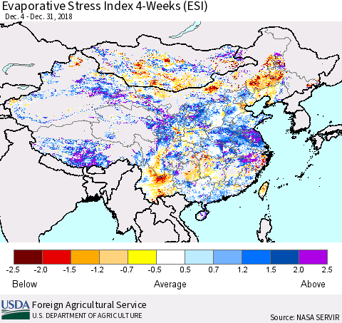 China, Mongolia and Taiwan Evaporative Stress Index (ESI), 4-Weeks Thematic Map For 12/31/2018 - 1/6/2019