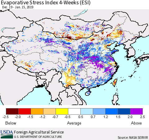 China and Taiwan Evaporative Stress Index (ESI), 4-Weeks Thematic Map For 1/14/2019 - 1/20/2019