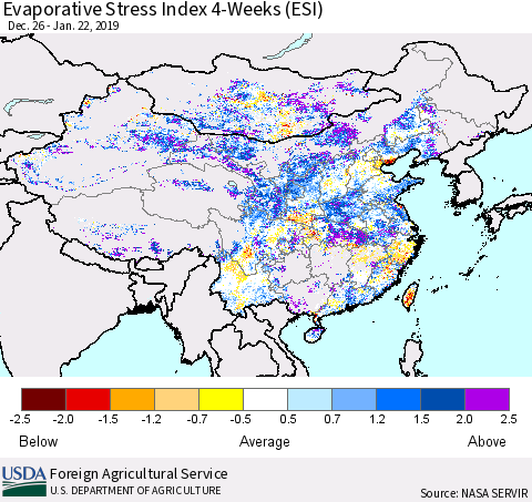 China and Taiwan Evaporative Stress Index 4-Weeks (ESI) Thematic Map For 1/21/2019 - 1/27/2019