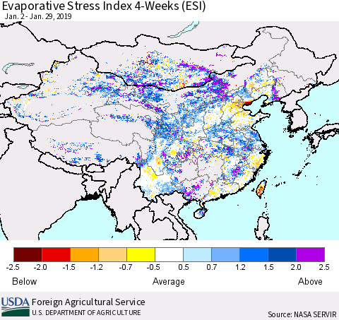 China and Taiwan Evaporative Stress Index 4-Weeks (ESI) Thematic Map For 1/28/2019 - 2/3/2019