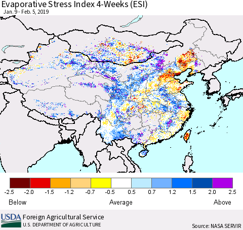 China and Taiwan Evaporative Stress Index (ESI), 4-Weeks Thematic Map For 2/4/2019 - 2/10/2019