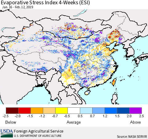 China and Taiwan Evaporative Stress Index (ESI), 4-Weeks Thematic Map For 2/11/2019 - 2/17/2019