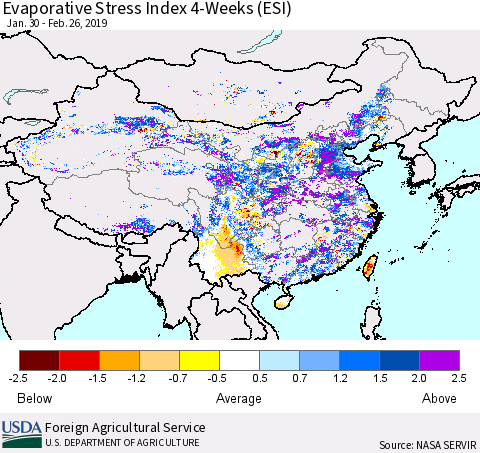 China and Taiwan Evaporative Stress Index (ESI), 4-Weeks Thematic Map For 2/25/2019 - 3/3/2019