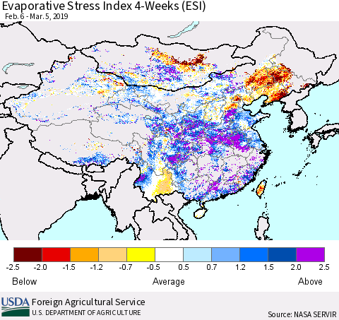 China and Taiwan Evaporative Stress Index 4-Weeks (ESI) Thematic Map For 3/4/2019 - 3/10/2019