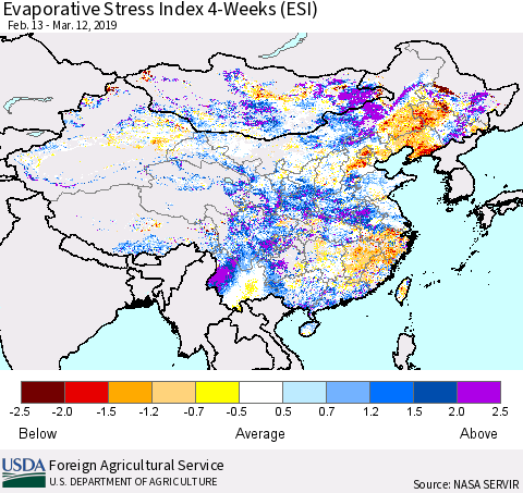 China and Taiwan Evaporative Stress Index 4-Weeks (ESI) Thematic Map For 3/11/2019 - 3/17/2019