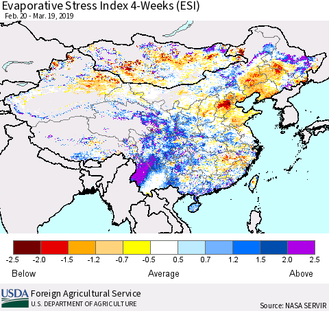 China, Mongolia and Taiwan Evaporative Stress Index (ESI), 4-Weeks Thematic Map For 3/18/2019 - 3/24/2019