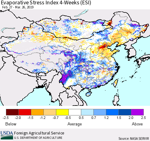 China and Taiwan Evaporative Stress Index 4-Weeks (ESI) Thematic Map For 3/25/2019 - 3/31/2019
