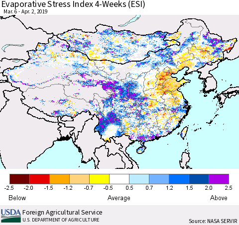 China and Taiwan Evaporative Stress Index 4-Weeks (ESI) Thematic Map For 4/1/2019 - 4/7/2019