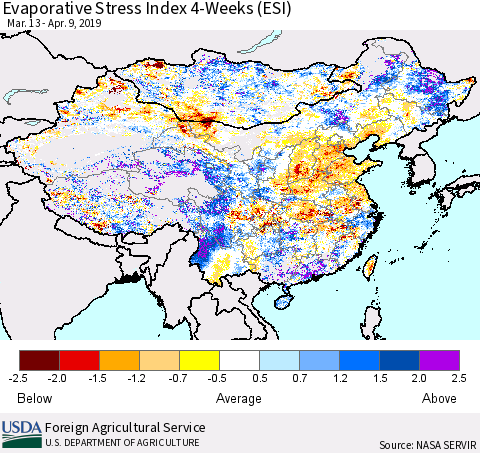 China and Taiwan Evaporative Stress Index (ESI), 4-Weeks Thematic Map For 4/8/2019 - 4/14/2019