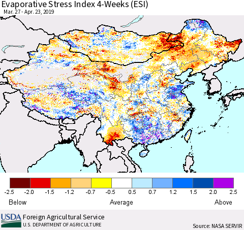 China and Taiwan Evaporative Stress Index 4-Weeks (ESI) Thematic Map For 4/22/2019 - 4/28/2019